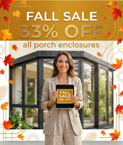 Promotional image: a smiling woman in a beige suit holding a tablet that reads 'FALL SALE 33% OFF' in front of a glass porch enclosure, autumn leaves framing the scene.