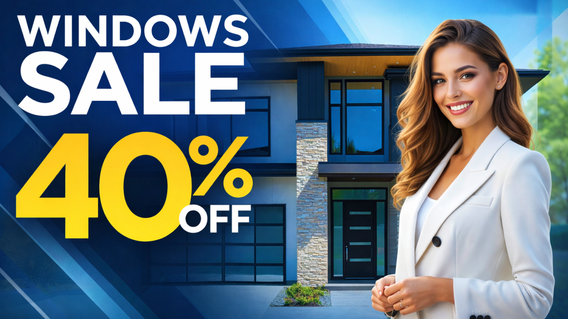 Promotional banner: smiling woman in a white blazer beside a modern house with the text 'WINDOWS SALE 40% OFF' on a blue background.
