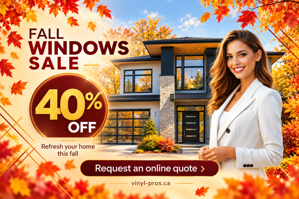 Fall windows sale 40 off » Vinyl-Professionals Porch enclosures, Windows & Doors Services Fall Windows Sale promo showing a modern home, autumn leaves, and a smiling agent, with 40% off and a button to request an online quote.