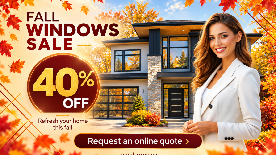 Fall Windows Sale promo showing a modern home, autumn leaves, and a smiling agent, with 40% off and a button to request an online quote.